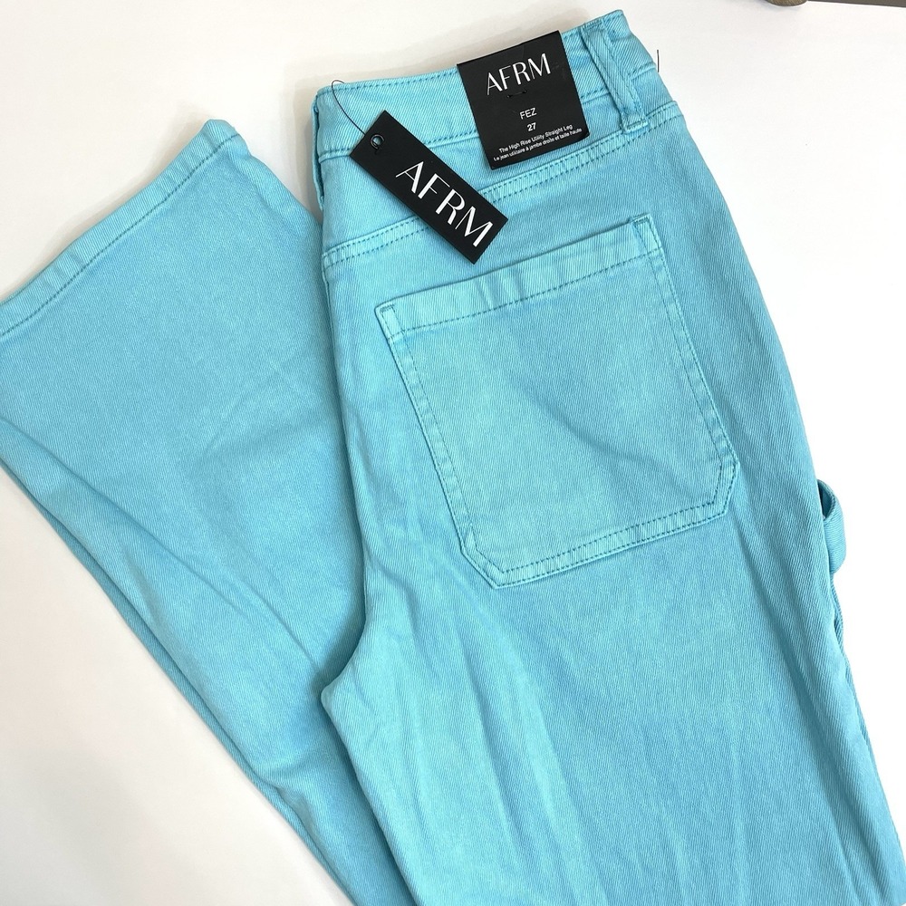 AFRM Jeans Women's 27‎ Aqua Teal High Rise Utility Straight Leg Anthro $108 NWT